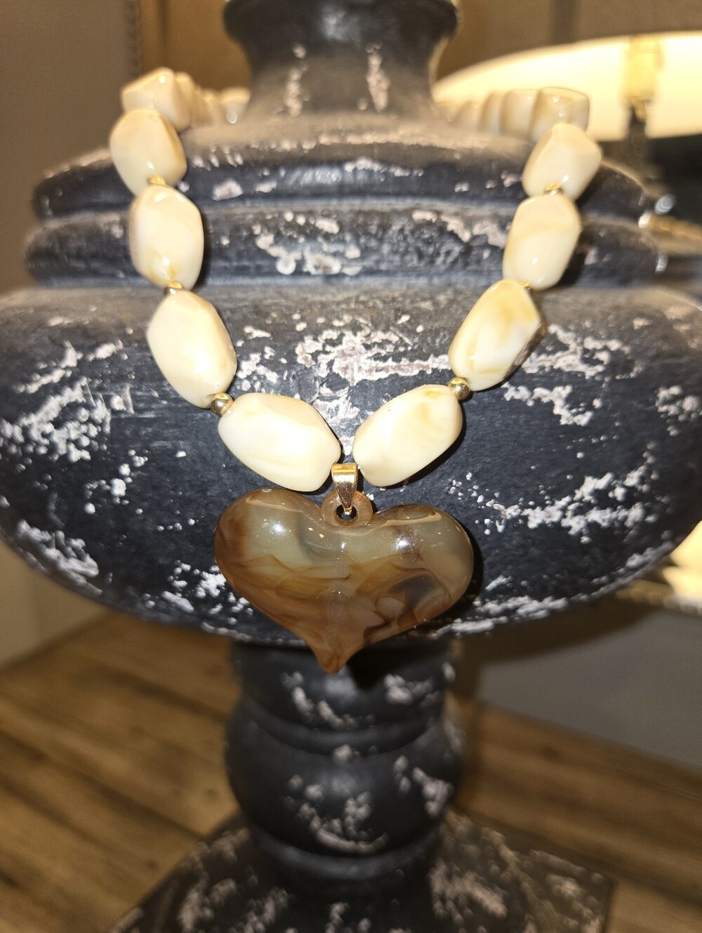 Puffed Heart Bohemian Resin  Soft Cream Tan  Beads Large Heart Chunky Chain